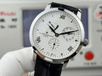 Vacheron Constantin wristwatch front view, black leather strap, silver case, white dial