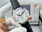 Vacheron Constantin wristwatch front view with black leather strap, silver case, white dial