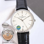 Vacheron Constantin watch with white dial, silver case, black leather strap and date window