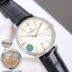Vacheron Constantin watch with white dial, silver case, black leather strap and date window