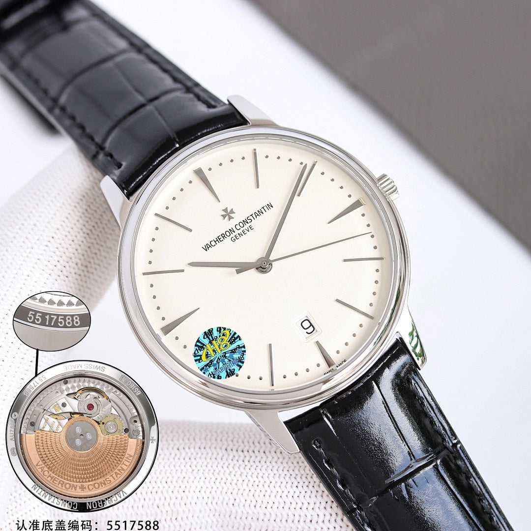 Vacheron Constantin watch with white dial, silver case, black leather strap and date window