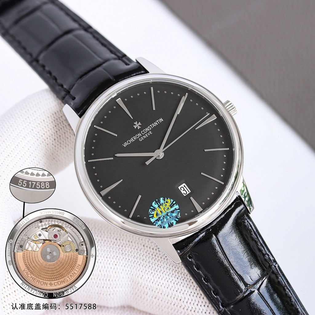 Vacheron Constantin watch with dark dial, silver case, black leather strap and date window