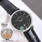 Vacheron Constantin watch with dark dial, silver case, black leather strap and date window