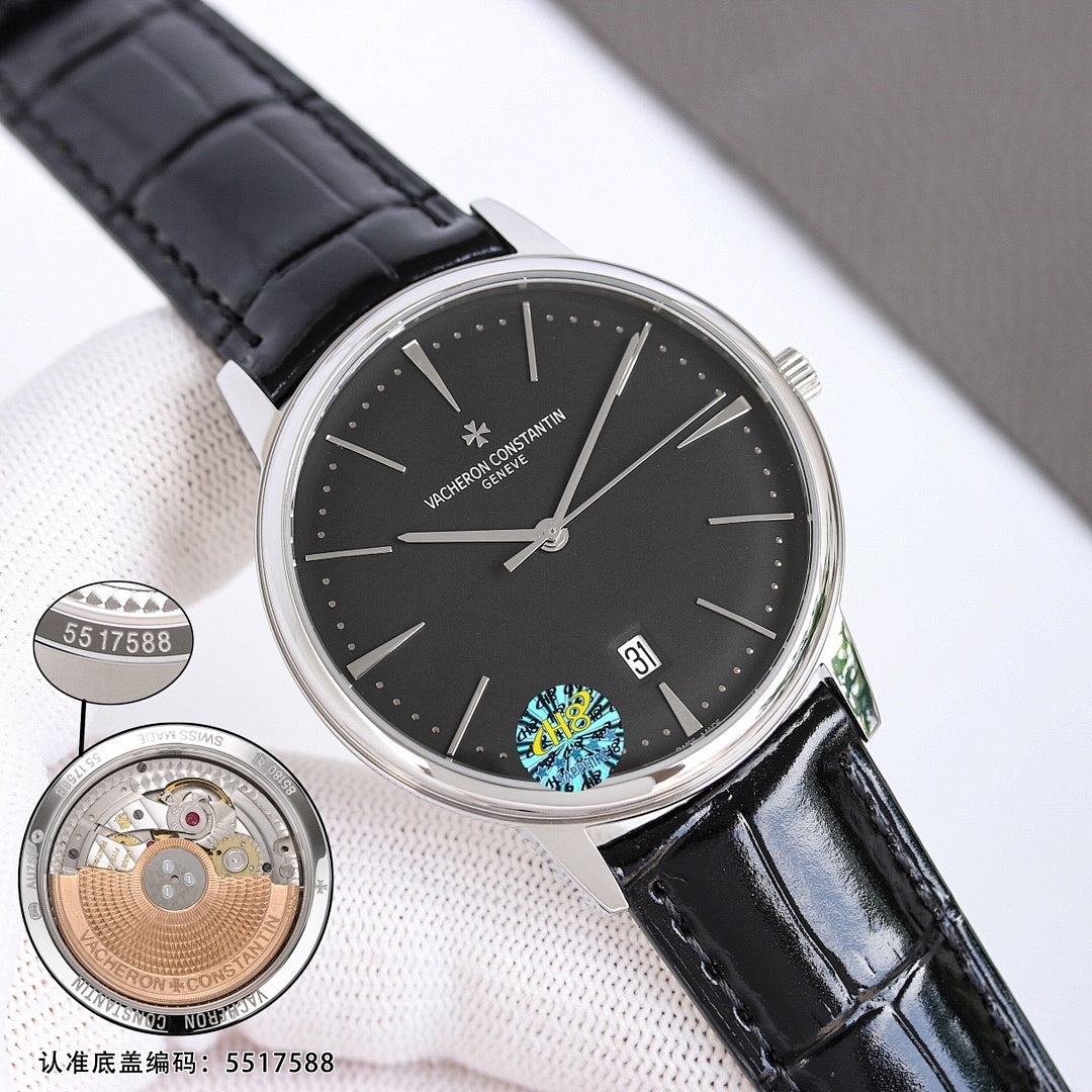 Vacheron Constantin watch with dark dial, silver case, black leather strap and date window
