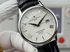Chronometre Royal watch face close-up with white dial and black leather strap