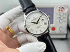 Chronometre Royal watch front angle with white dial, black leather strap, and date window