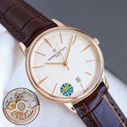 Vacheron Constantin wristwatch with white dial, brown leather strap, rose-gold case, date 22