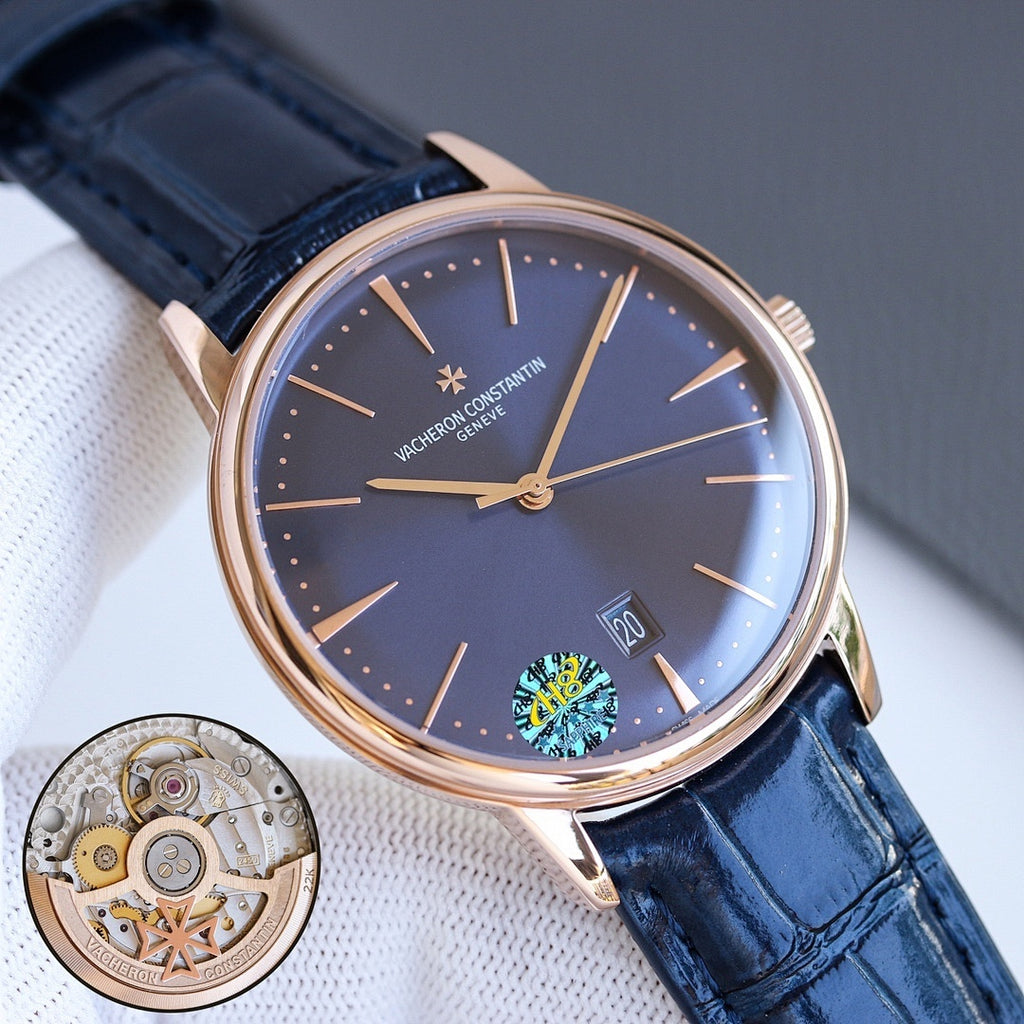 Vacheron Constantin wristwatch with dark dial, blue leather strap, rose-gold case, date 20
