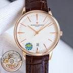 Vacheron Constantin wristwatch with white dial, brown leather strap, rose-gold case, date 23
