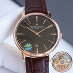 Vacheron Constantin wristwatch with black dial, brown leather strap, rose-gold case, date 16