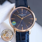 Vacheron Constantin wristwatch with dark dial, blue leather strap, rose-gold case, date 20