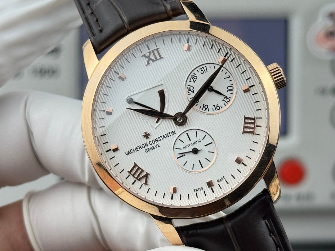 Vacheron Constantin watch with close-up silver dial, Roman numerals, black leather strap