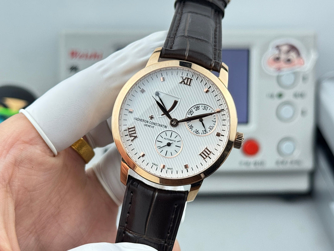 Vacheron Constantin watch with white dial and black leather strap, front view