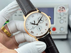 Vacheron Constantin watch with white dial, Roman numerals, black leather strap