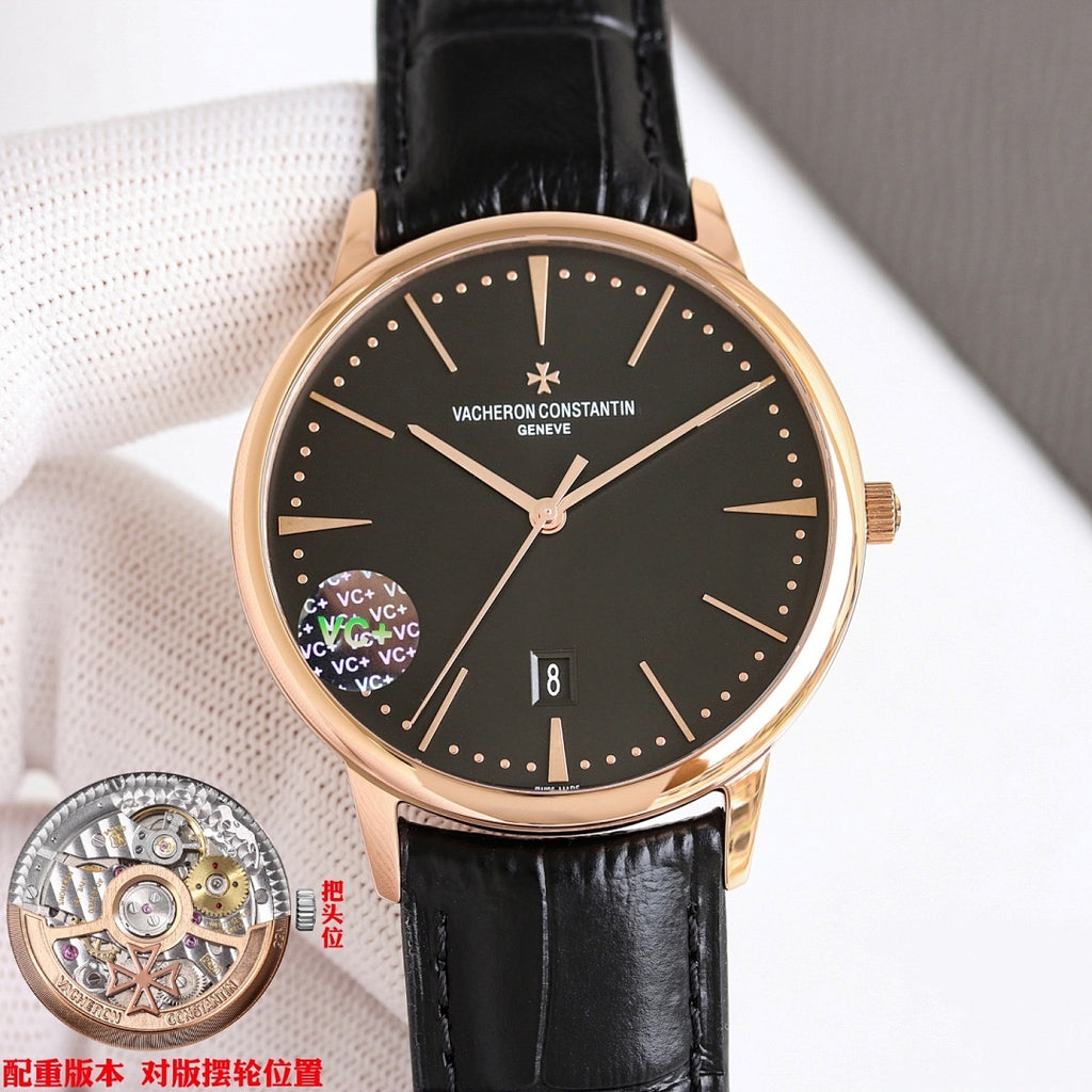 Vacheron Constantin watch with black dial, rose-gold tone case, and black leather strap