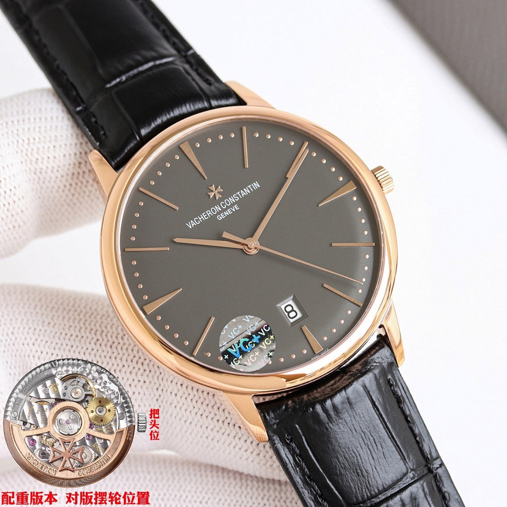 Vacheron Constantin watch angled view with black dial, rose-gold tone case, black leather strap