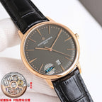 Vacheron Constantin watch angled view with black dial, rose-gold tone case, black leather strap