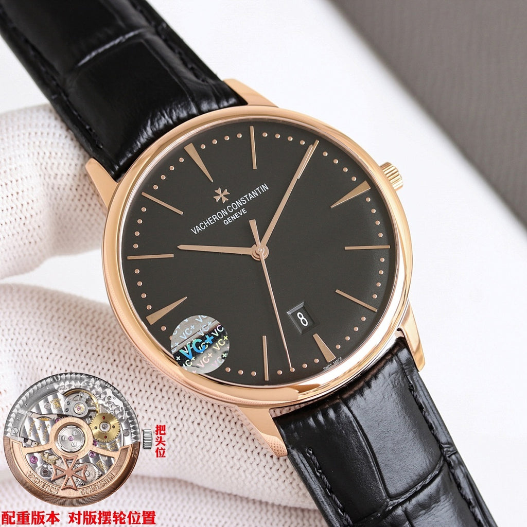 Vacheron Constantin watch angled close-up with black dial and black leather strap