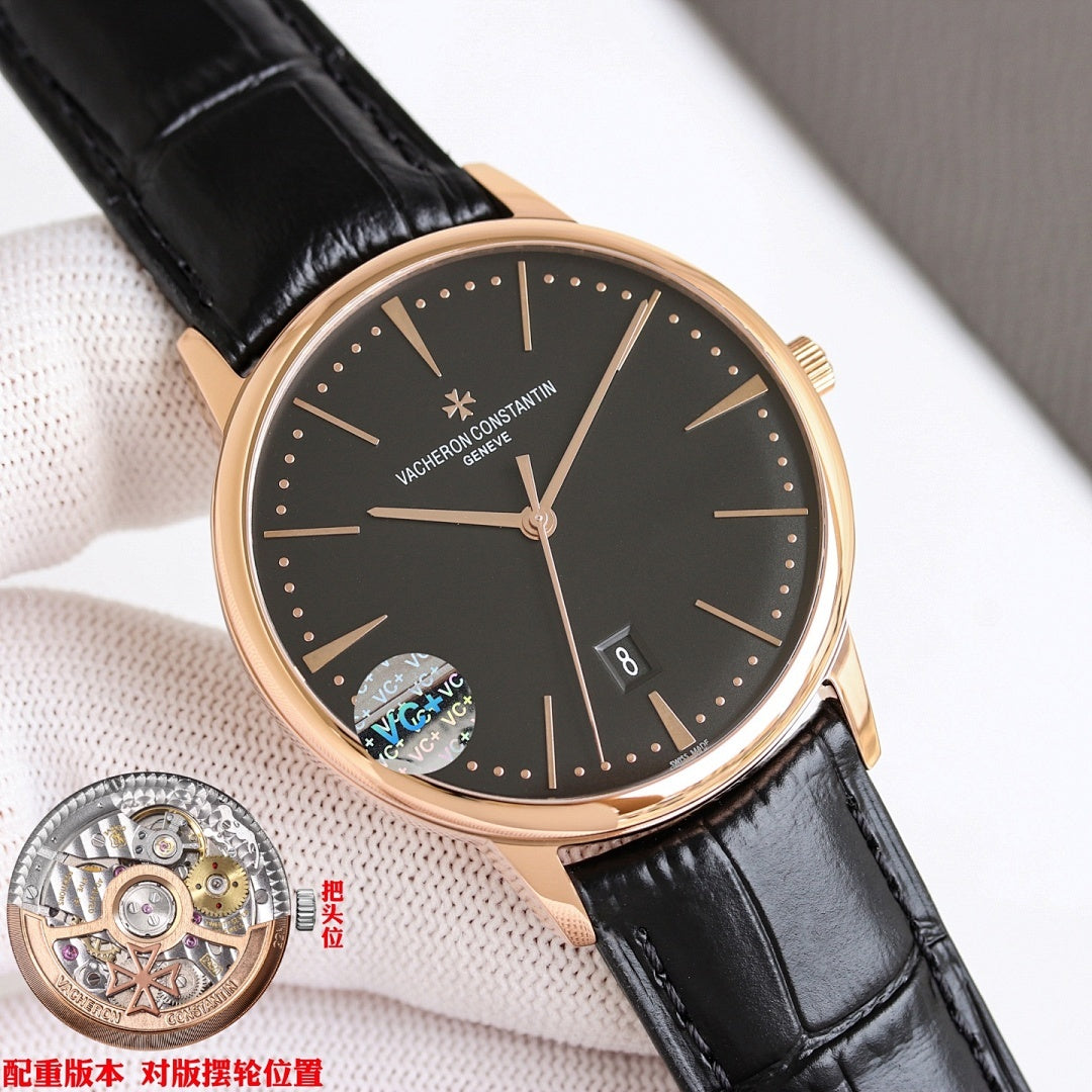Vacheron Constantin watch angled close-up with black dial and black leather strap