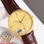 Vacheron Constantin watch with gold dial, gold-tone case, and brown leather strap