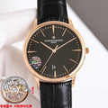 Vacheron Constantin watch with black dial, rose-gold tone case, and black leather strap