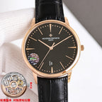Vacheron Constantin watch with black dial, rose-gold tone case, and black leather strap
