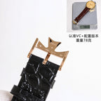 Vacheron Constantin watch with black leather strap and exposed gold-tone components