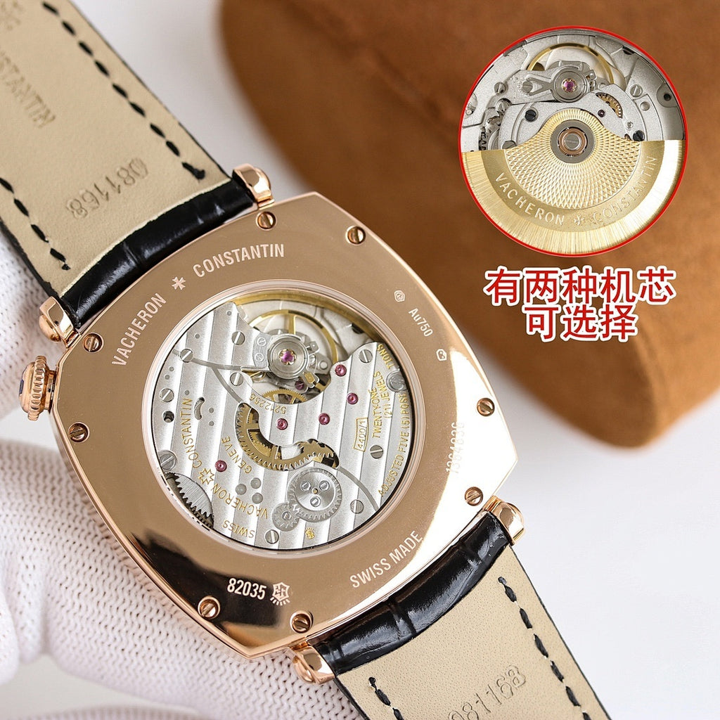 Vacheron Constantin wristwatch with open caseback, visible mechanical movement, black strap
