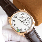 Vacheron Constantin wristwatch angled front view, black leather strap, white dial, gold case
