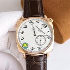 Vacheron Constantin wristwatch front view, black leather strap, white dial, gold-tone case