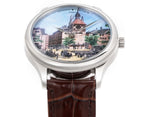 Vacheron Constantin wristwatch with brown leather strap and silver oval case, art dial