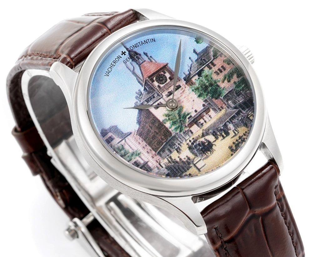 Vacheron Constantin wristwatch angled view with brown leather strap and art dial