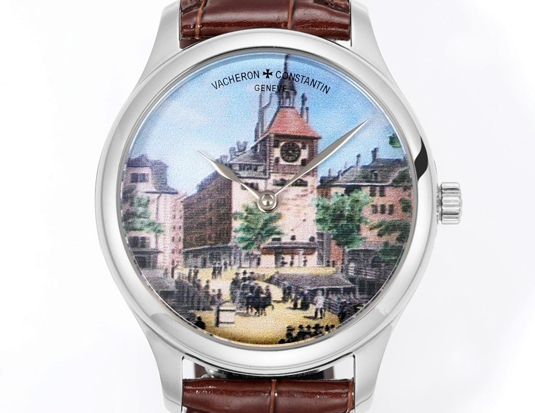 Vacheron Constantin wristwatch front view with brown leather strap and art dial