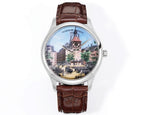 Vacheron Constantin wristwatch with brown leather strap and oval art dial in silver case