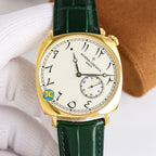 Vacheron Constantin watch with gold-tone case, white dial, green leather strap.