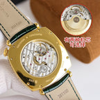Vacheron Constantin watch open caseback with mechanical movement, green leather strap.