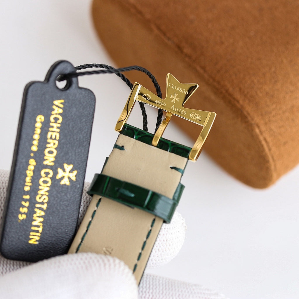 Vacheron Constantin watch on green leather strap with black hangtag.