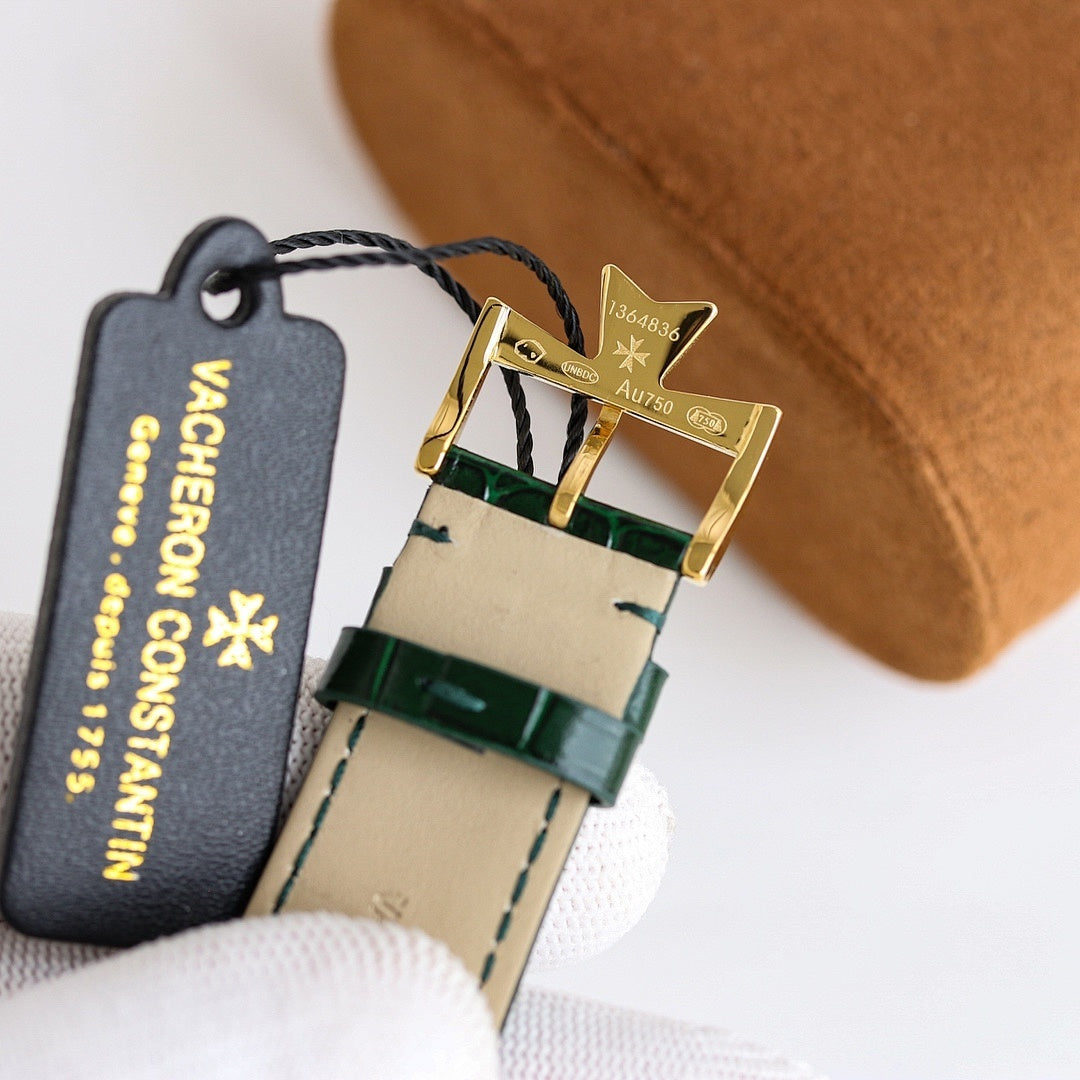 Vacheron Constantin watch on green leather strap with black hangtag.
