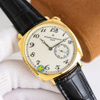 Vacheron Constantin watch with gold-tone case, white dial, black leather strap.