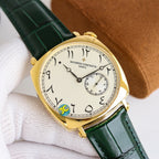 Vacheron Constantin watch with gold-tone case, white dial, green leather strap.