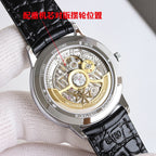 Vacheron Constantin watch close-up, skeleton-style dial under glass, black leather strap