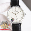 Vacheron Constantin watch, black leather strap, silver case, white dial, date window