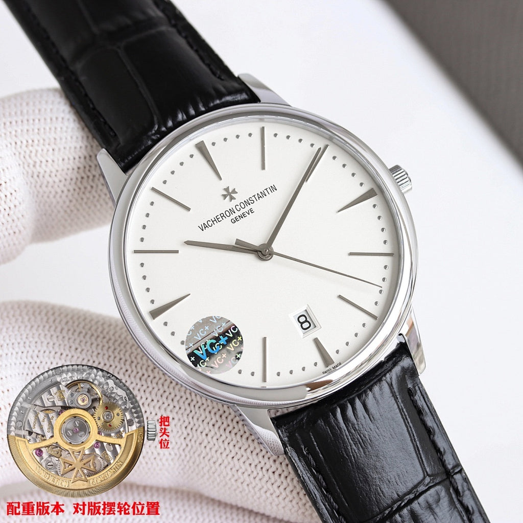 Vacheron Constantin watch with black leather strap, silver case, white dial