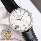 Vacheron Constantin watch with black leather strap, silver case, white dial