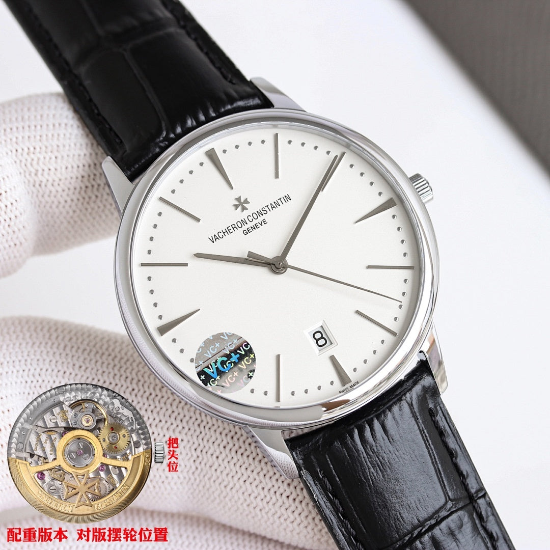 Vacheron Constantin watch with black leather strap, silver case, white dial