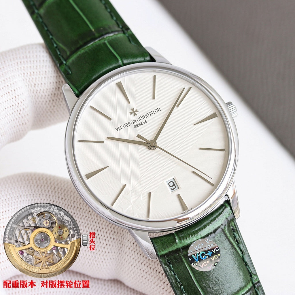 Vacheron Constantin watch with green leather strap, silver case, white dial, date window