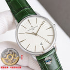 Vacheron Constantin watch with green leather strap, silver case, white dial, date window