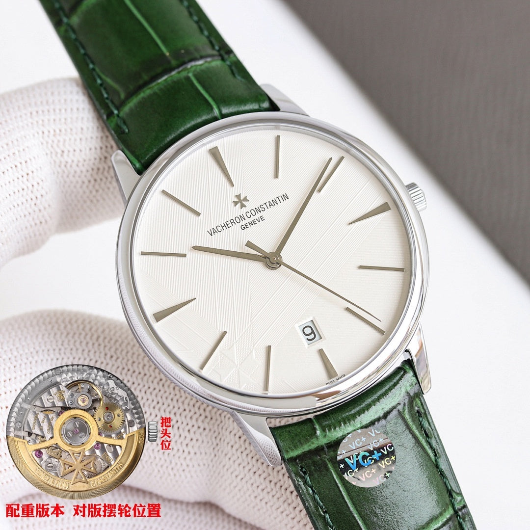 Vacheron Constantin watch with green leather strap, silver case, white dial, date window