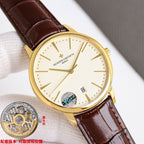 Vacheron Constantin watch with brown leather strap, gold case, white dial, date window