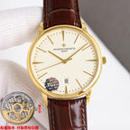 Vacheron Constantin watch with brown leather strap, gold case, cream dial, date window